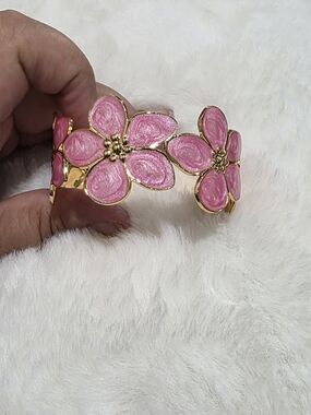 Stainless Steel Pink Floral Enamel Gold-Tone Cuff Bracelet
